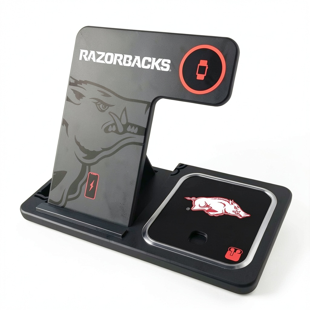 Arkansas Razorbacks 3-in-1 wireless charger displaying team graphics and multiple devices charging