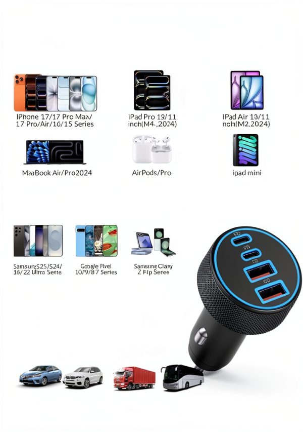 Pavo 90W 4 Port USB C Fast Car Charger for Families-3
