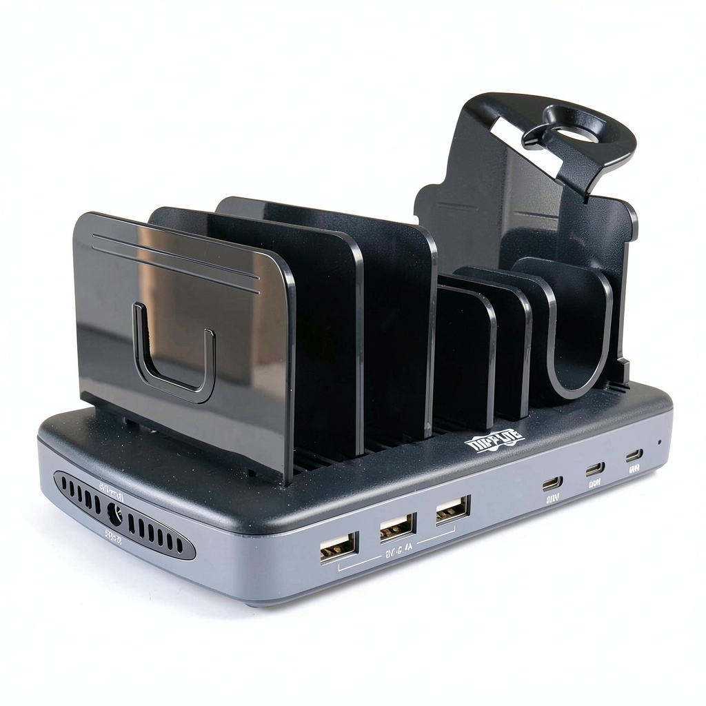USB Charging Station with multiple devices connected and organized