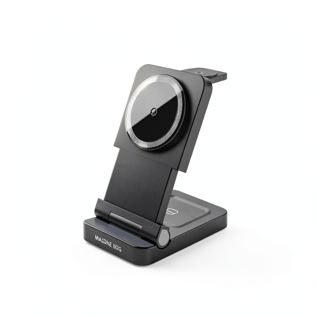 Magnetic wireless charger in use on a desk with phone attached