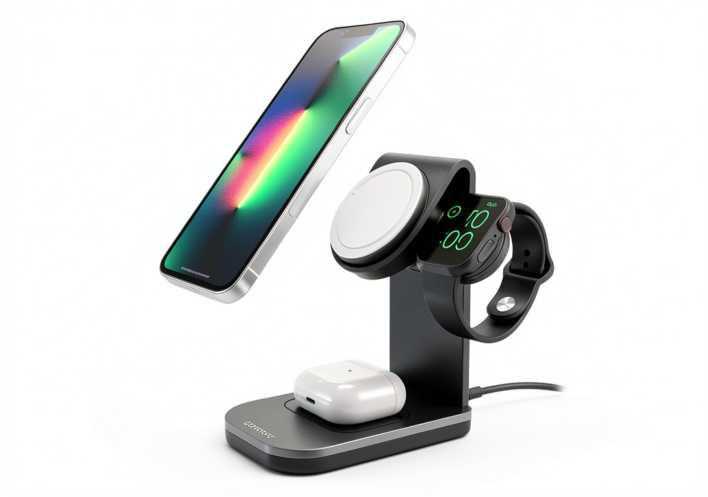 3-in-1 MagSafe charging station with iPhone, AirPods, and Apple Watch charging simultaneously