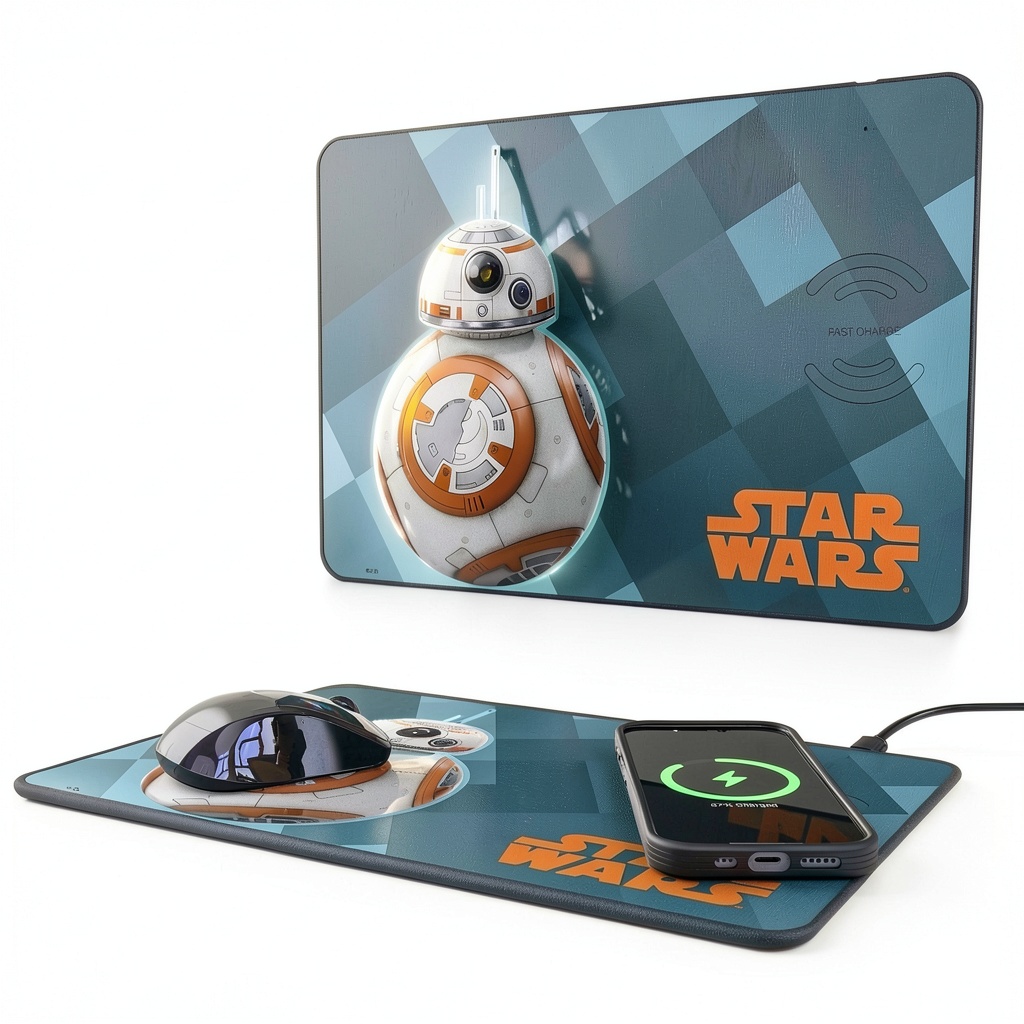 Keyscaper Star Wars Wireless Charger Mousepad on a modern desk