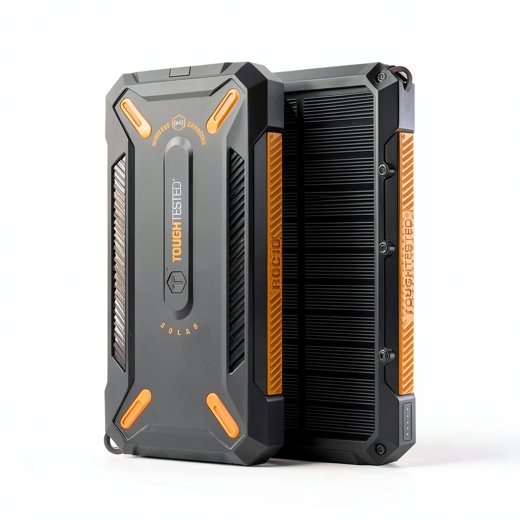 ToughTested power bank showing solar panel and charging ports