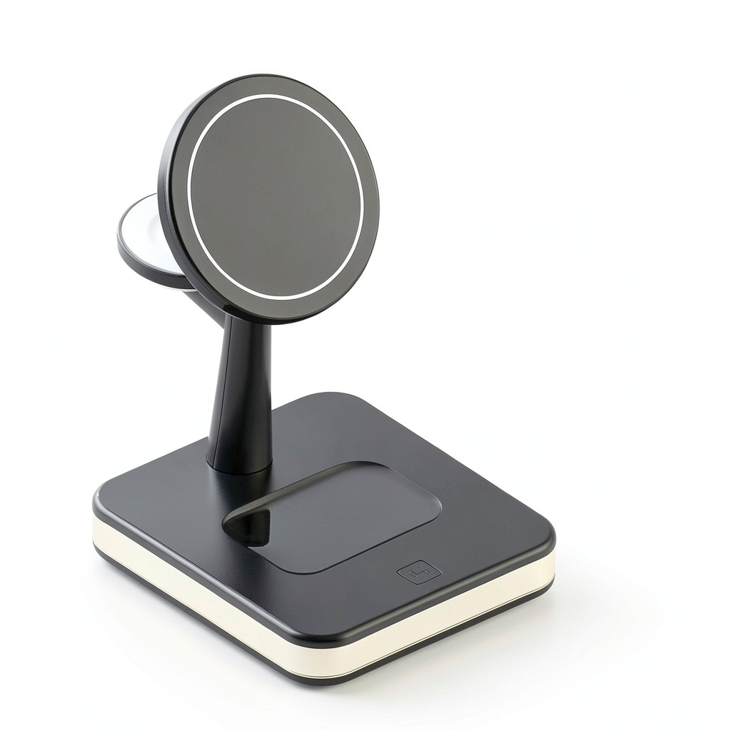 Wireless charger with iPhone 13, iWatch 7, and earbuds placed on magnetic stand