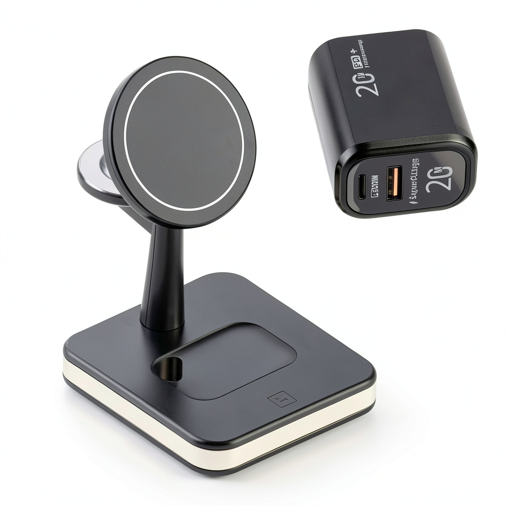 Apple wireless charger stand with iPhone, iWatch, and earbuds charging simultaneously