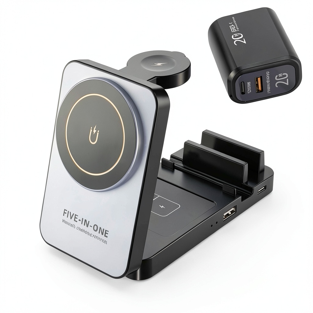 Portable charging station set up on a desk with multiple devices connected