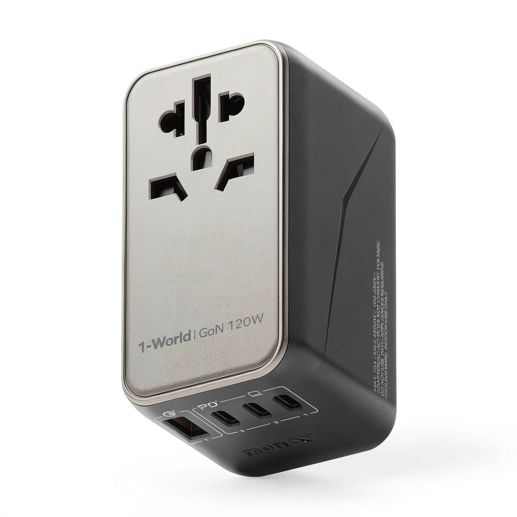 Installing GaN Travel Adapter 120W Charger Worldwide Compatibility on a wooden desk