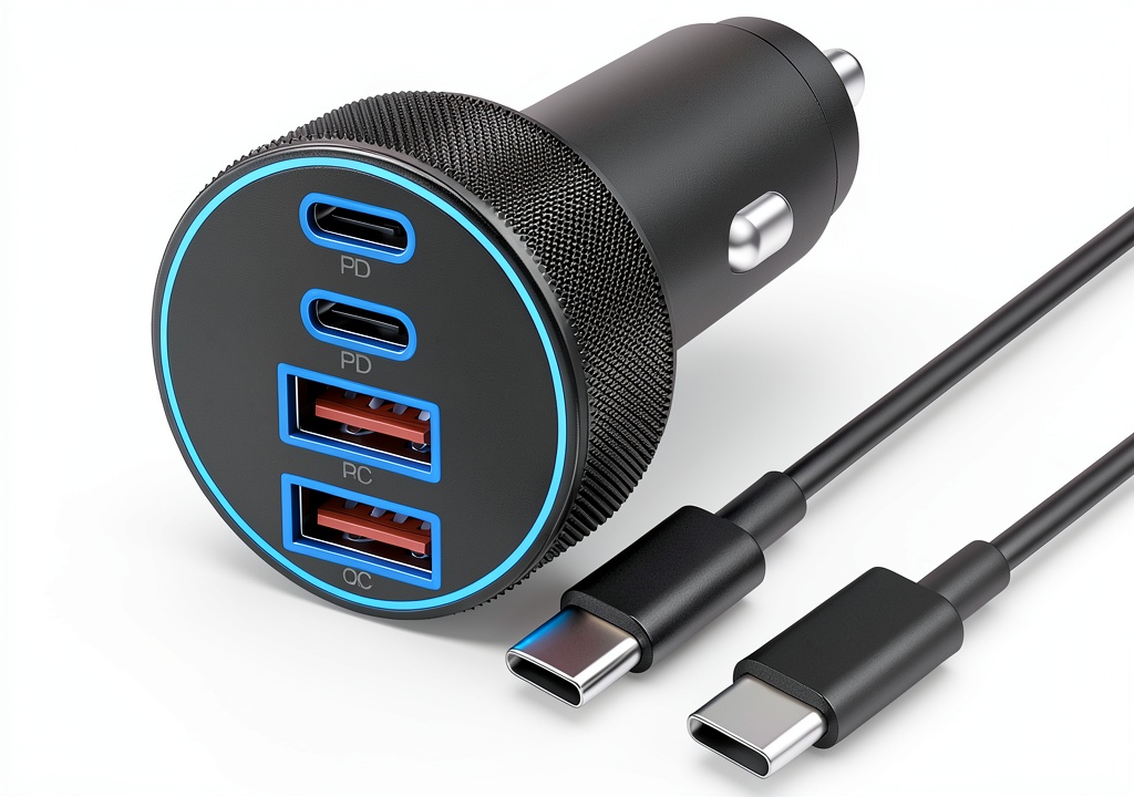 Pavo 90W USB-C car charger plugged into a car dashboard with multiple devices connected