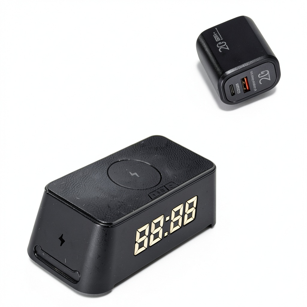 Pavo Wireless Charging Alarm Clock displaying time on a nightstand