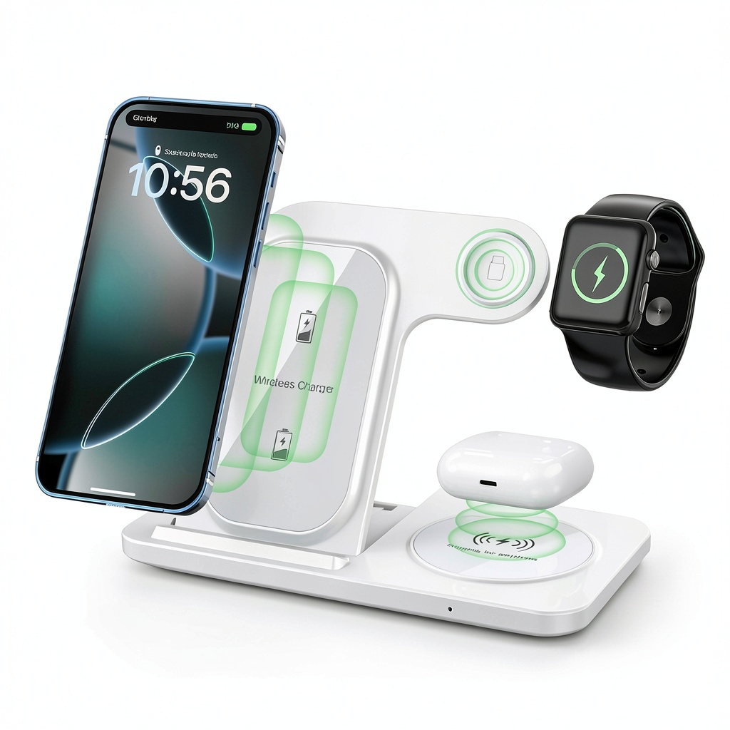 Foldable wireless charging stand in use on a desk with iPhone, Apple Watch, and AirPods