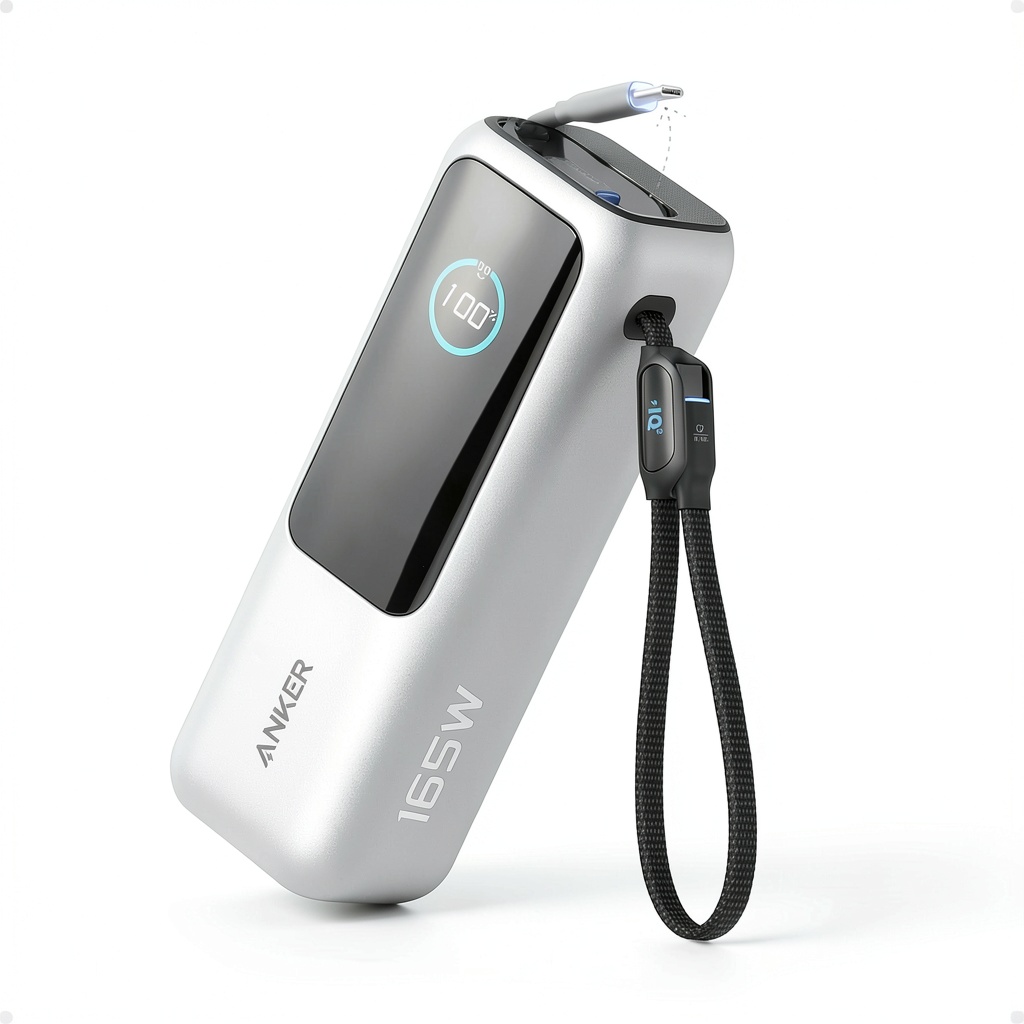 Anker Power Bank displaying triple USB-C ports and built-in cables on a desk