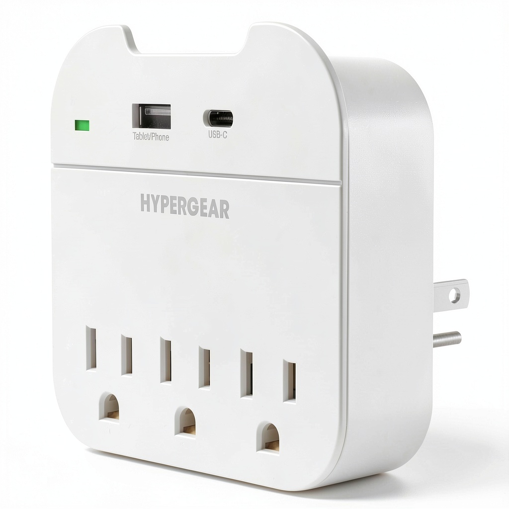 HyperGear Multi Plug Outlet Extender connected to multiple devices in a home setting