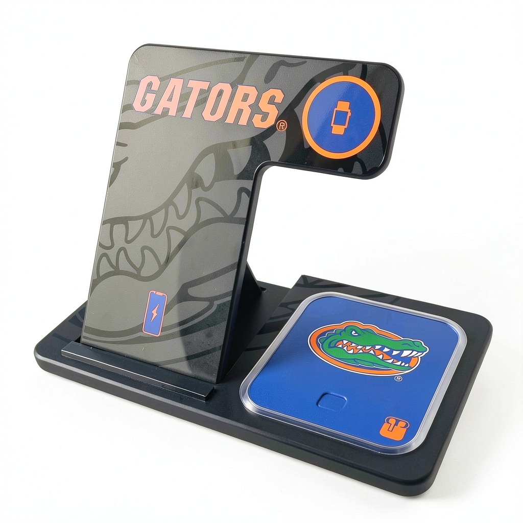 Florida Gators 3-in-1 wireless charger displaying team graphics and charging a phone