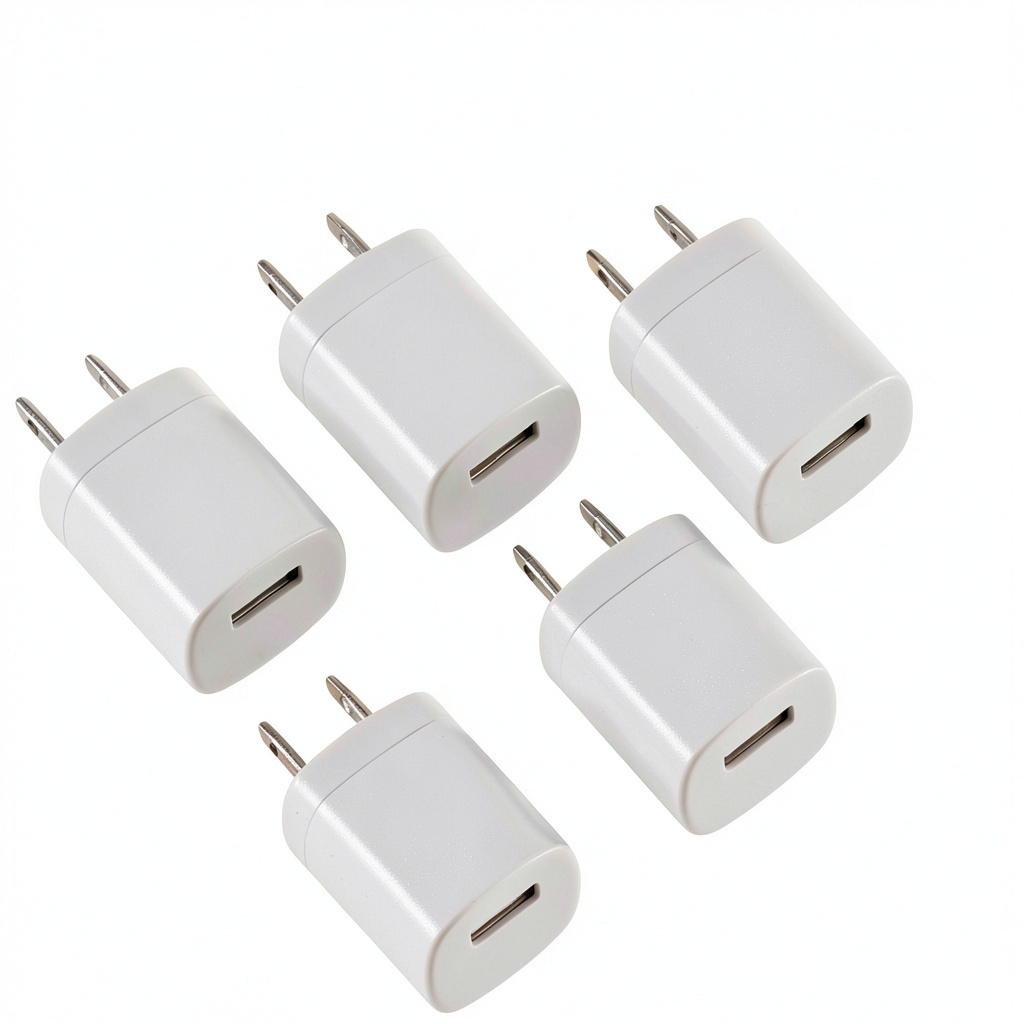 Universal USB wall charger plugged into an outlet with multiple devices connected