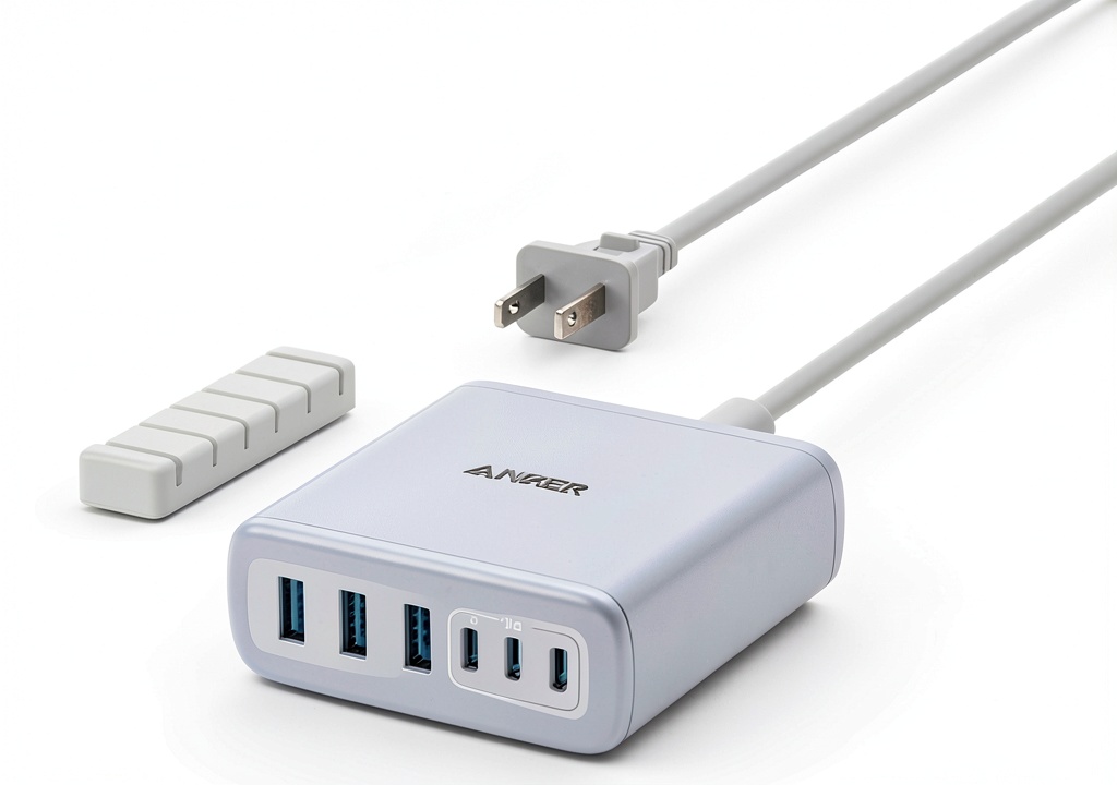Anker 112W desktop charger on a clean desk with multiple devices connected